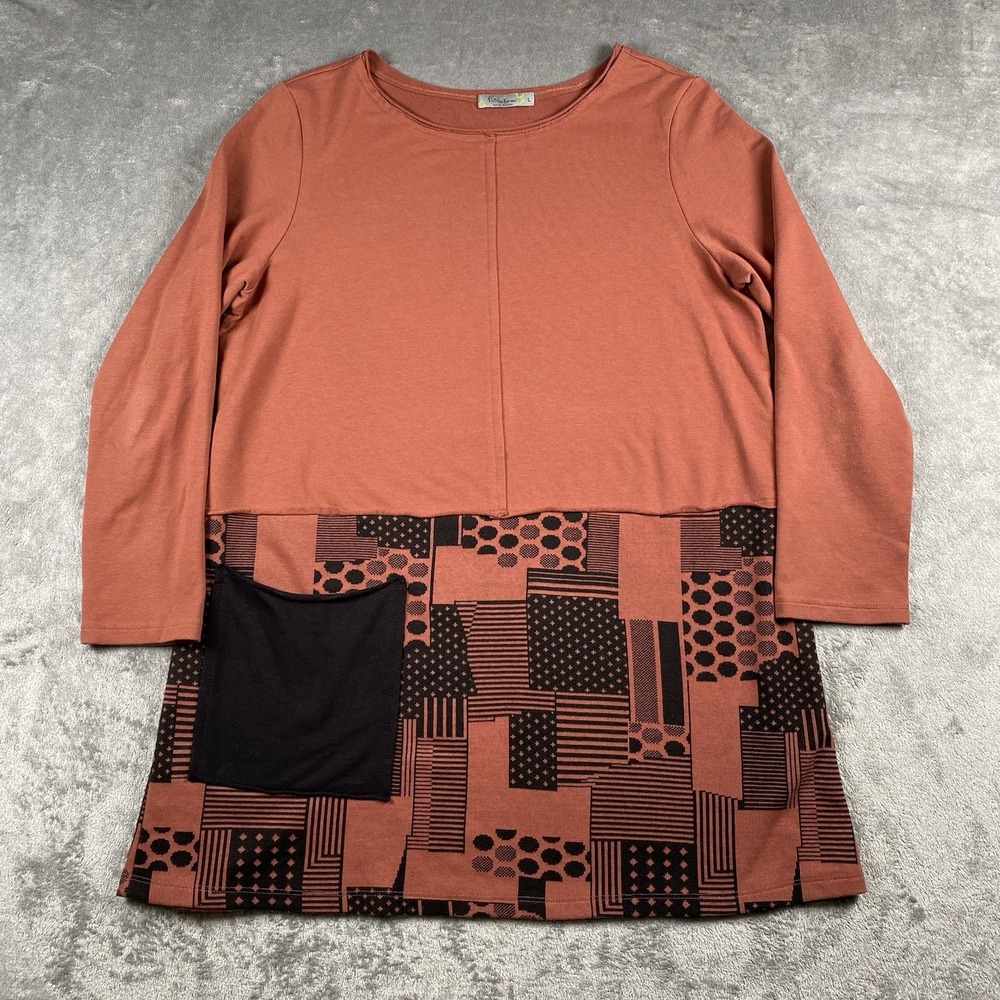 Chalet et Ceci Tunic Dress Womens Sz L Orange Black Pocket Art To Wear Lagenlook